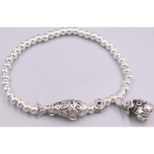 S925 Sterling Silver Bracelet Luck 4mmW Silver Beads with Flower Fish Bag Bracelet Gift For Women