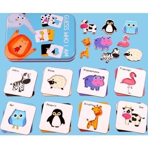 Children Creative Wooden Puzzle Iron Box Toys Cartoon Animals Dinosaur Puzzle Cognitive Interactive Game English Learning Cards