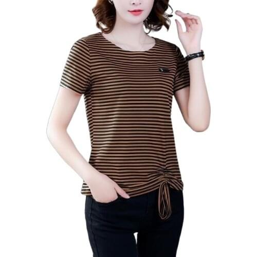 Pure cotton short-sleeved t-shirt womens summer 2021 new fat mm loose large size striped top middle-aged compassionate