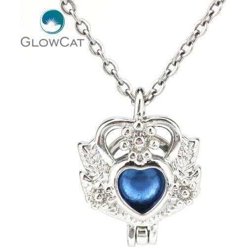 K1210 Silver Copper Crown Flower Heart Hollow Beads Pearl Cage Pendant Chain Aroma Essential Oil Diffuser Locket Necklace