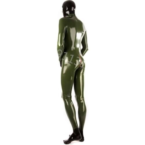 Sexy Army Green Latex Fetish Catsuit with Front Zip And Crotzh Zip Rubber Jumpsuit Handmade Imitation Uniform Bodysuit w/o Hood