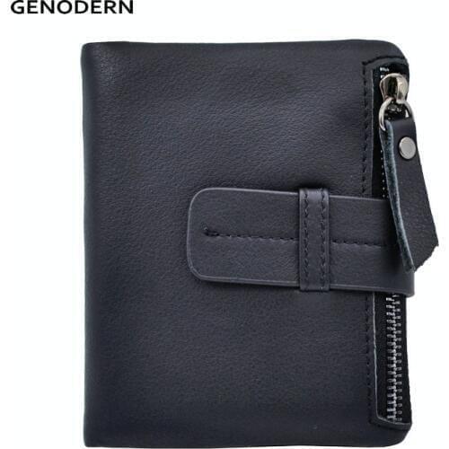 GENODERN Short Male Wallet with Zipper Coin Pocket Black Vertical Genuine Leather Wallet for Men Cowhide Male Purse Wallets