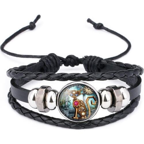 Creative Mechanical Cat Glass Cabochon Woven Wrap Bracelet Steam Punk Cat Black Leather Bracelet for Women Men Jewelry Gift