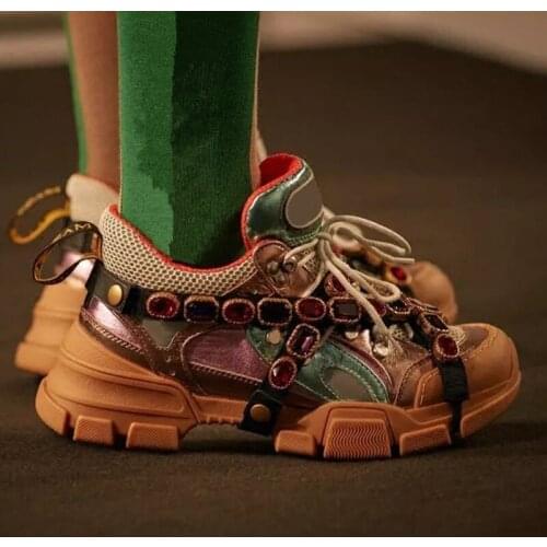 Leather mesh brand design mens cumbersome Flats shoes thick heel shoes mixed color lace mens shoes crystal belt casual Shoes