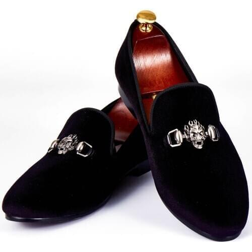 Harpelunde Mens Dress Shoes Skull Buckle Flat Shoes Black Velvet Slippers Comfortable Loafers Size 6-14