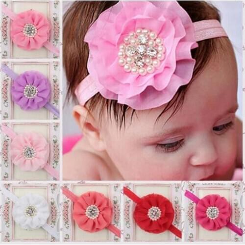 Baby Girls Chiffon Rose Flower Pearl Rhinestone Headband Hair Accessories YH421