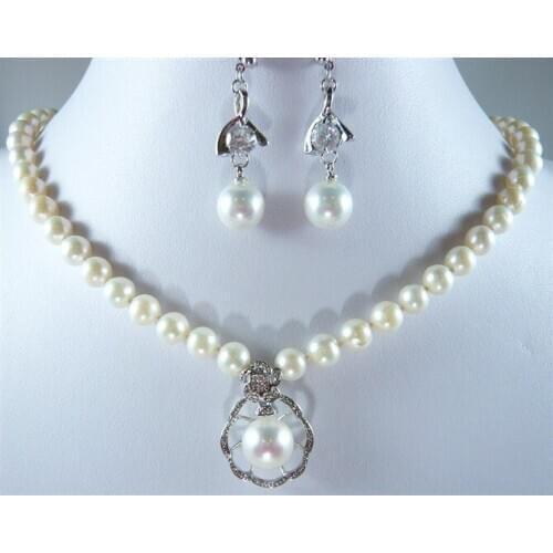 Wholesale noblest 8mm 17" pure white shell pearl necklace + nice design 12mm pendant necklace & earrings set