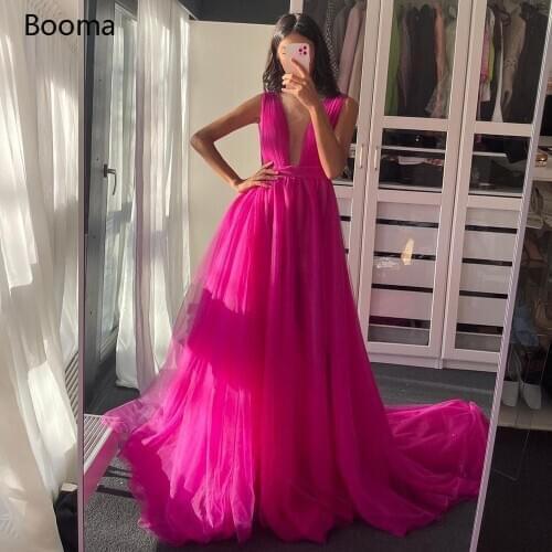 Booma Fuchsia Deep V-Neck Prom Dresses Sleeveless A-Line Tulle Evening Dresses with Belt Long Formal Wedding Party Gowns
