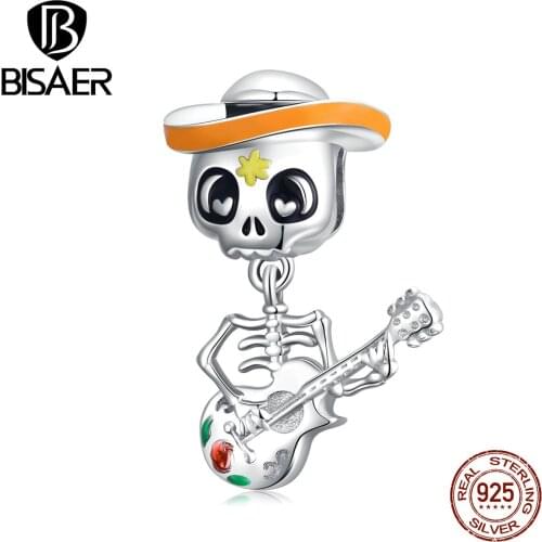 BISAER Skull Man with Guitar Charms 925 Sterling Silver Happy Halloween Bead Pendant fit Original Bracelets DIY Necklace Jewelry