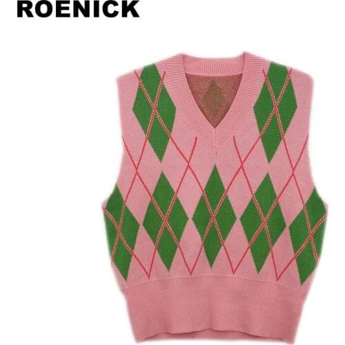 ROENICK Sweaters Vests Women Knitted Argyle Pink V-neck Sweater Vest Womens Harajuku Preppy Style Streetwear Casual All-match