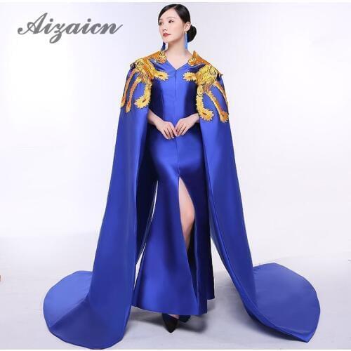 Royal Blue Embroidery Luxury Evening Dress Elegant Oriental Prom Gowns Fashion Women Showes Gold Phoenix Cheongsam Long Trailing