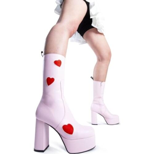 Luxury Brand Fashion Big Size 43 Heart Block High Heels Plus Size 43 Gothic Woman Platform Shoes Cool Sexy Party Mid Calf Boots