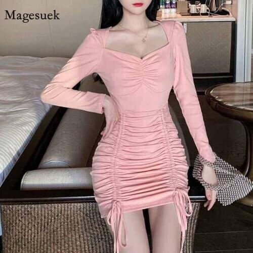 Sexy Slim All-match Waist Long Sleeve Pleated Dress Fashion Expose Clavicle Korean Drawstring Sheath Hip Dress Vestidos 12146