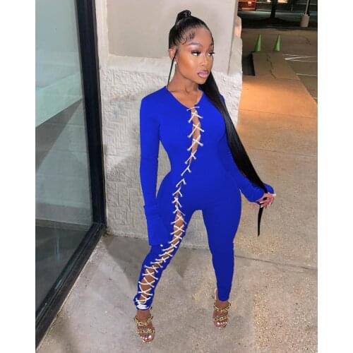 Sexy Women Jumpsuit Bandage Cross Solid Color Full Sleeve Sporty Streetwear Long Romper Women jumpsuit Outfit