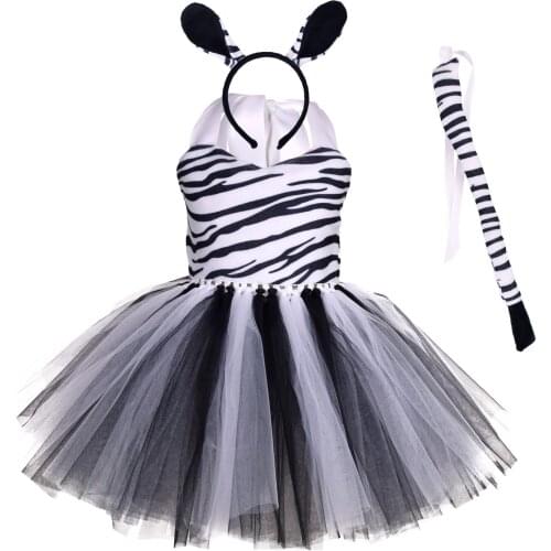 Girls Zebra Printed Tutu Dress Kids Cosplay Costume Outfits Halloween Costume Birthday Party Dress Up Ears Headband Tail Set