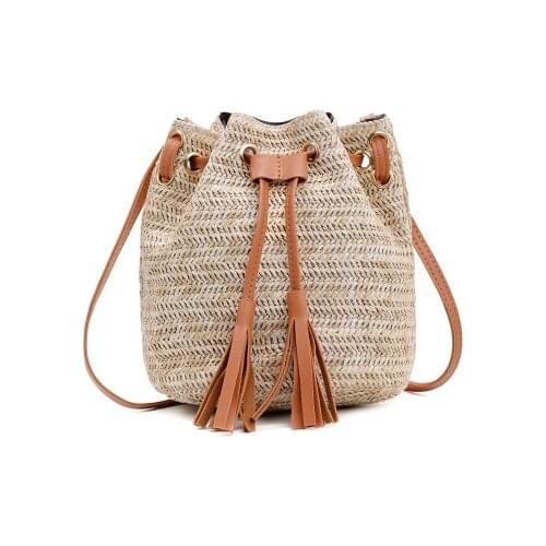 Vintage Fashion Small Women Woven Rattan Straw Bucket Bag Handbag Tassel Drawstring Shoulder Bag Messenger Crossbody Bags Purses