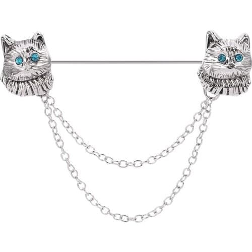 Animal Brooches Vintage Silver Color Cat Head Metal Pin Blue Crystal Eye Women Badge Lapel Shirt Denim Accessories Festival Gift