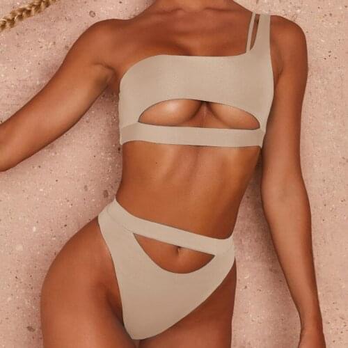 2021 New Bikini Multicolor Nylon One Shoulder Sexy European and American Fashion Womens Swimsuit V Waist 2 Piece Sets Women