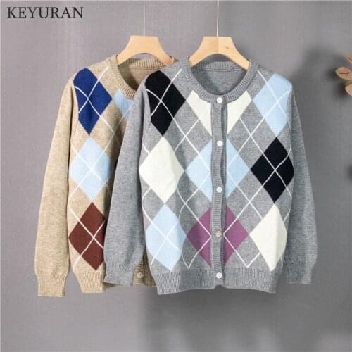 Argyle Cardigan Sweater Women 2021 Autumn New Vintage Korean O-Neck Long Sleeve Knitted Sweater Chic Casual Loose Knitwear Tops
