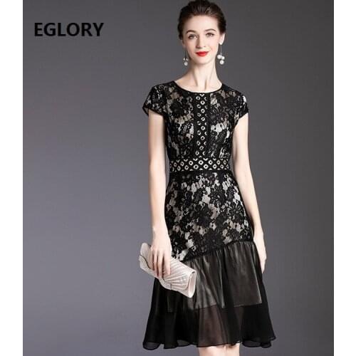 2020 Summer Fashion Lace Dress High Quality Party Women Sexy Tulle Mesh Patchwork Short Sleeve Slim Fitted A-Line Vintage Dress