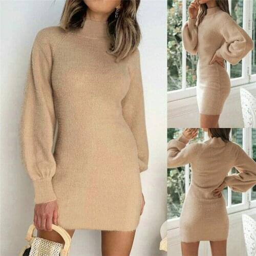 Women Fashion Long Sleeve Solid Dress Casual Wear Ladies Autumn Winter Slim