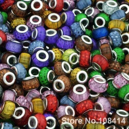 14*8 mm Mixed Colorful Plastic Spacer Silver Plated Cord Big Hole Loose Resin Beads Charms Fit Bead Jewelry Bracelet 100pcs/lot
