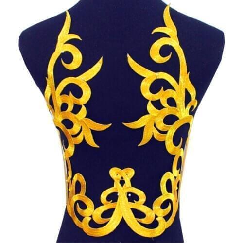Iron On Appliques Flower Cosplay Costume Patches Gold Embroidered Trims Gold And Silver 37cm*19cm