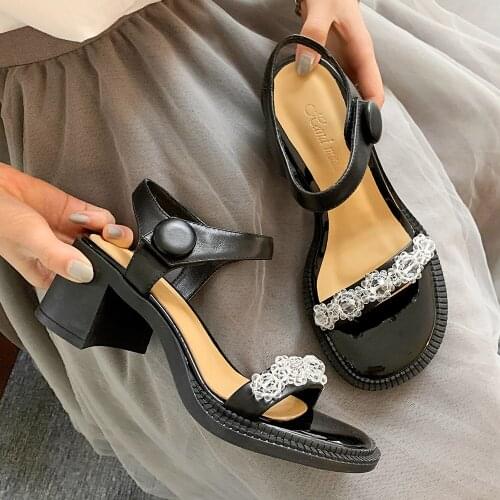 Lolita Harajuku student sandals square toes sandals low heels sandals womens shoes package after Rhinestone sandals women