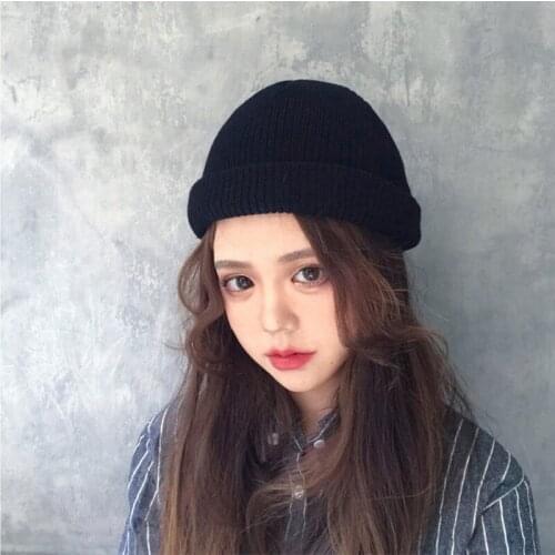 Black Knitted Woolen Hat Womens Solid Color Simple Watermelon Hat Korean Harajuku Fashion Casual Men and Women Winter Warm Hat