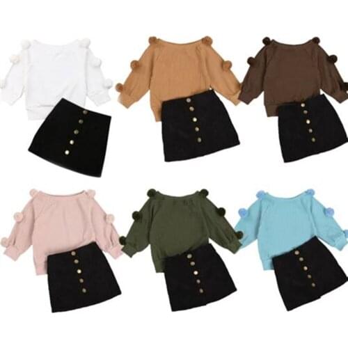 Citgeett Autumn Toddler Solid Outfits Baby Girl Long Sleeve Knitwear Tops+ Button Skirt Spring Fashion Set