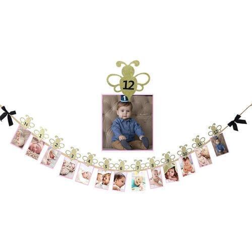 Bumble Honey Bee 1st Birthday Baby Photo Banner for Newborn to 12 Months Monthly Milestone Photograph Bunting Garland Decoraion