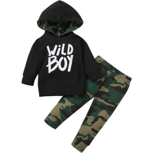 Infant Kids Baby Boy Long sleeve Trousers Suit Letter Hooded T-shirt and Camouflage Long Pants 2Pcs Set Spring Autumn Clothing