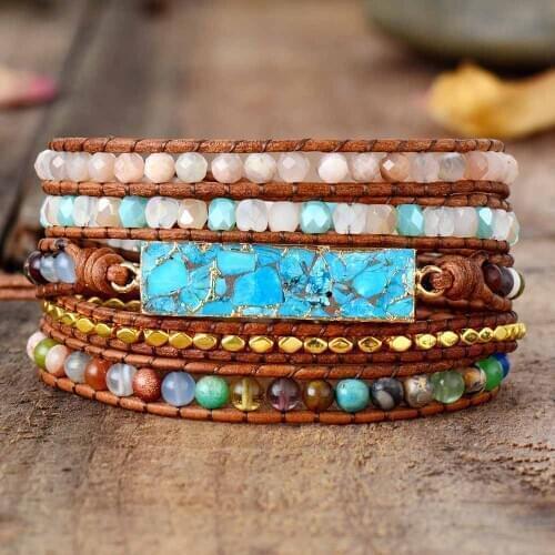 Exclusive New Women Bracelets Natural Stone Jaspers 5 Times Leather Rope Wrap Beads Bracelets Femme Dropshipping