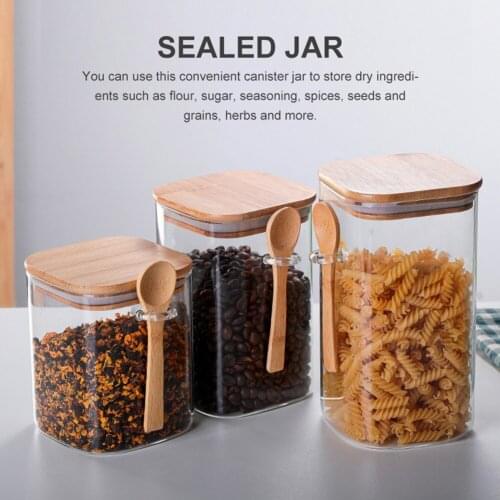 Kitchen Spice Jar Condiment Container With Spoon And Airtight Wooden Lid Seasoning Box Dry Storage Canister High-grade Glass