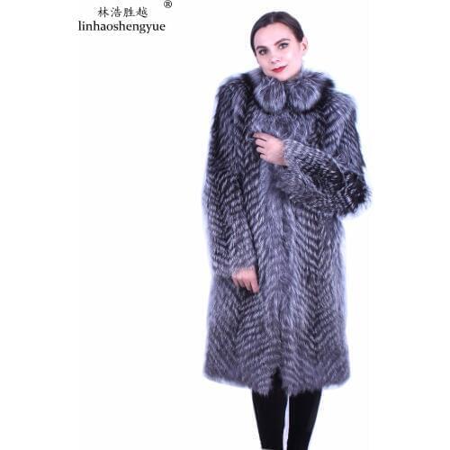Linhaoshengyue Fashion Women Silver Fox Fur Long Coat with Collar