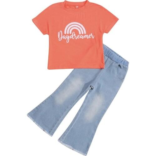 2021 2-7Y Fashion Kids Baby Girl Clothes Set Rainbow Print Short Sleeve T-shirt+Denim Flare Pants Summer Outfits 2pcs Set