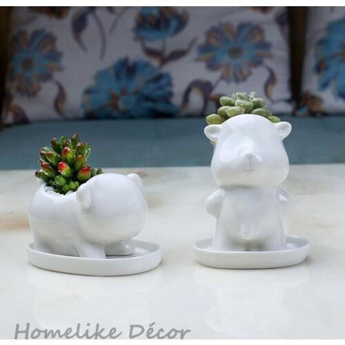 Set of 2 pieces Mini Bear shaped ceramic flowerpot Little Bear porcelain flower plant pot for Desktop Home Garden decoration