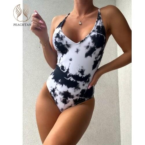 Peachtan Backless one piece swimsuit women Lace up swimwear female Tie dye monokini Sexy bathing suit String bodysuit sexy 2021