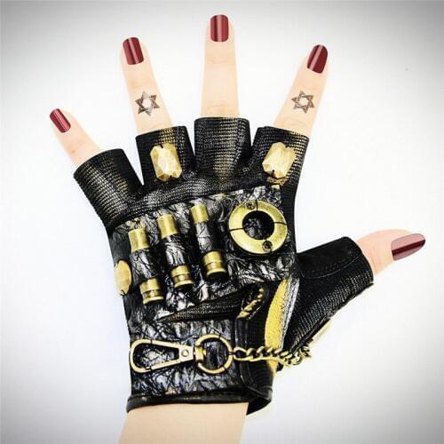 Corzzet Vintage Gothic Black Leather &Gold Metal Steampunk Style Half Finger Gloves Acceossories Halloween Costume Cosplay
