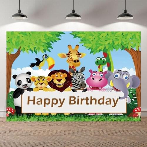 Custom Banner Name Backdrop Jungle Animal Safari Newborn Baby Kids Happy Birthday Party Photography Background Cake Table Decor