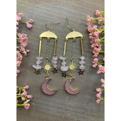 Rose Quartz Moon/Sun Brass Pink Druzy Moon Earrings
