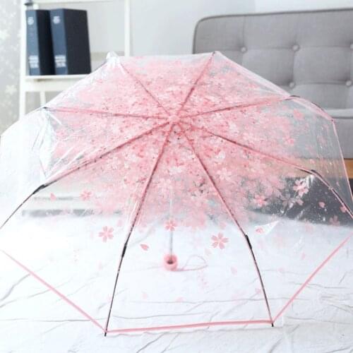 Three-Folding Cherry Sakura Umbrella Plastic +Alloy 8 Ribs Transparent Umbrella Windproof Women Man Universal Umbrella Rain Gear