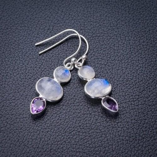 StarGems Natural Rainbow Moonstone And Amethyst Handmade 925 Sterling Silver Earrings 1.5" E0721