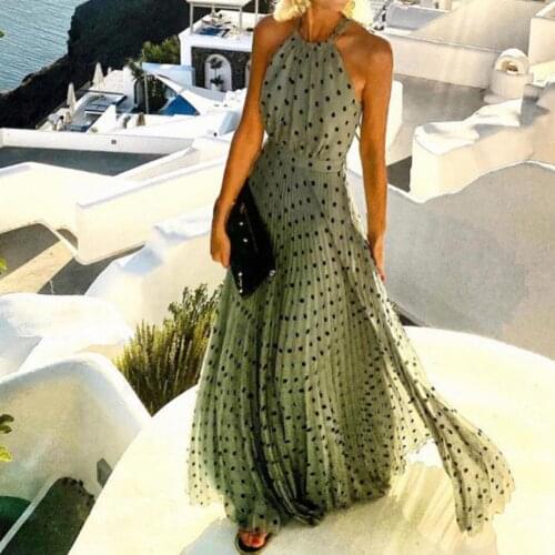 Stylish Summer O Neck Sleeveless Elegant Ladies Halter Dress Sexy Ruffled Wide Hem Polka Dot Printing Dress for Banquet