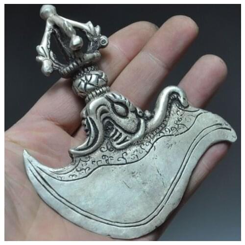 Chinese Statue wholesale Rare Chinese Tibetan silver Old Tibet Buddhist Copper-nickel Dorje Ax Phurpa Pestle Vajra Dagger statue