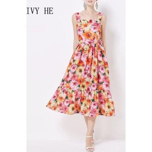 IVY HE High Quality Summer Dress Woman Clothing Sunflowers Print Holiday Camisole Midi Long Dress Traf Robe ZA Party Dresses