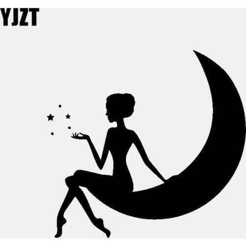 YJZT 13.4CM*12.6CM Car Stickers Vinyl Decal Lovely Girl On The Moon And Stars Black/Silver C3-0718