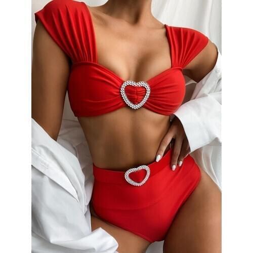 Women Sexy Swimsuit Simple Bikinis Split Set High Waist Swimsuit Red Bathing Suit Pad Beach Wear Cheap Tie Bikini Suit Outfits