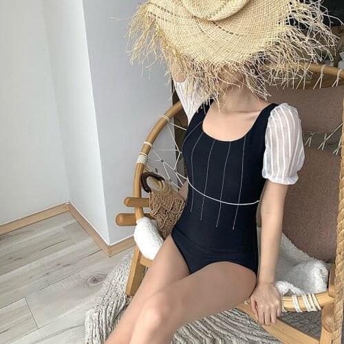 Women Short Sleeve Swimsuit 2021 New One Piece Swimwear Korean Style Low Cut Monokini Open Back Summer Bathing suit with Pads