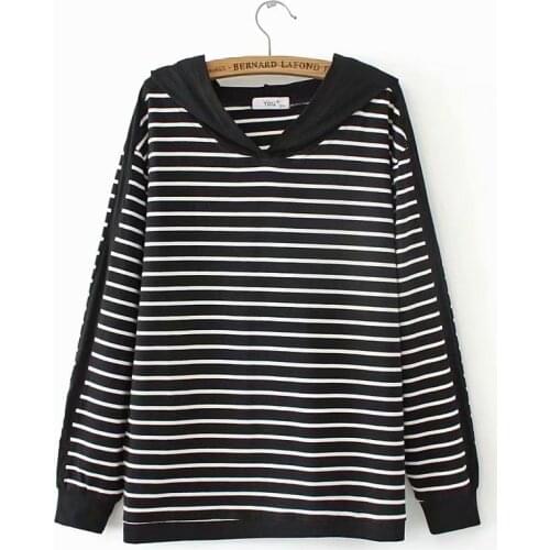Plus size black navy striped women loose hooded Sweatshirts 2021 new spring autumn casual ladies pullover hoodies female tops